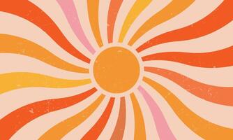 Retro wavy radial swirl rays abstract sun background, vintage sunshine texture 70s abstract pattern summer poster concentric stripes of beams, creamy pink orange hippy groovy burst wallpaper. vector