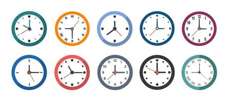 Wall clock icon set, clock faces flat icon illustration. Timer clock, watch faces featuring modern and classic designs isolated on a transparent background, Colorful collection of wall clocks. vector