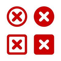 Red cross mark sign set in two variants, Cross mark drawn style in red color, circle and square shapes, simple x symbol, cross mark sign isolated outline and shapes vector