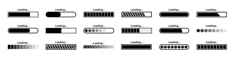 Loading icon, progress bar buffer loader, preloader set. Upload, download symbols, horizontal speed indicator buttons, loader status bar signs collection isolated on a transparent background. vector