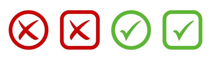 Green check mark, red cross, x mark icon set, hand drawn right and wrong sign concept in circle and square shapes. tick mark symbol and x cross outline icon. Check mark sign. vector