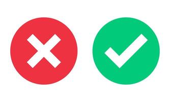 Green check mark, red cross, x mark icon, set of flat rounded right and wrong sign concept. tick mark symbol and x cross icon in circle shape. set of flat isolated check mark vector