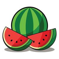 Cartoon Whole Watermelon with Two Slices Showing Red Pulp and Seeds Illustration vector