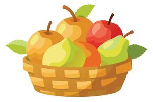 Cartoon Wicker Basket Overflowing with Colorful Fruits and Leaves, a Healthy Still Life vector