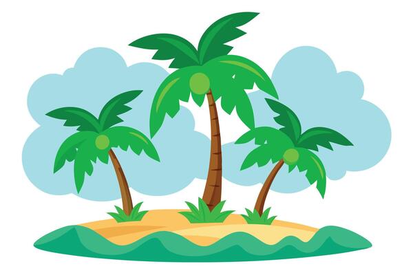 Cartoon Tropical Island with Palm Trees, Green Grass, and a Light Blue Sky