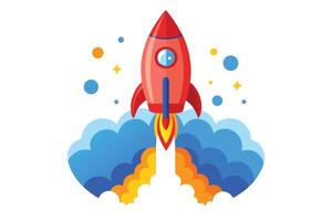 Cartoon Rocket Launch with Blue Clouds, Yellow Flame, and Space Ornaments Design vector