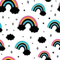 Fun Rainbows with Clouds and Stars on a White Background Pattern vector