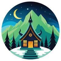 Cozy Cabin Under Moonlit Sky Winter Mountain with Illuminated Home vector
