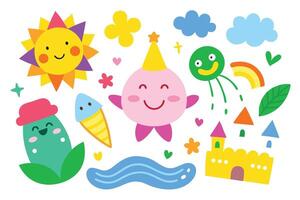 Cartoon Summer Illustration Featuring Sun, Clouds, Ice Cream, Castle, Lake, and Smiling Character Set vector
