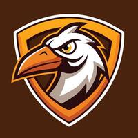 Fierce Eagle Mascot Head with Golden Eye within Shield, Brown Background vector