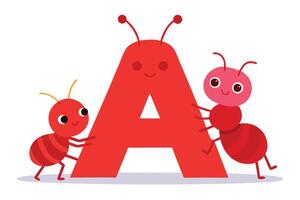 Two Animated Ants Holding a Large Red Letter A with a Face vector