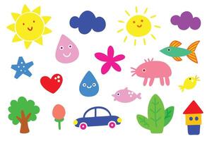 Cheerful Cartoon Illustrations Featuring Sunshine, Clouds, Hearts, Fish, and Various Adorable Objects vector