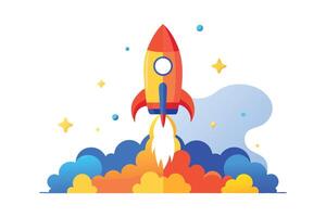 Cartoon Rocket Launching into Sky with Colorful Clouds, Stars and Round Symbols vector