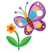 Cheerful Cartoon Butterfly with Colorful Wings Hovering Near a Vibrant Flower Illustration vector