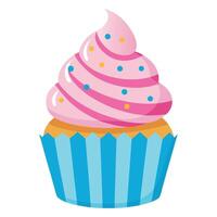 Pink Frosted Cupcake with Sprinkles in Blue Wrapper, Isolated on White Background vector