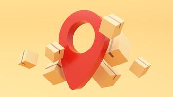 3d illustration of a red pin on yellow background with boxes and a map pointer photo