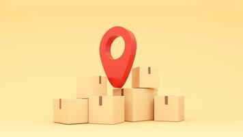 3d illustration of a red pin on top of boxes and a map pointer on yellow background photo