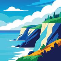Colorful Coastal Cliffs Illustration with Azure Ocean and Cloudy Blue Sky vector