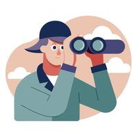 Cartoon Man with Binoculars Searching Against a Sky with Clouds Illustration vector