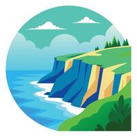Coastal Cliffs Illustration with Ocean View, Green Landscape, and Sky Backdrop Design vector