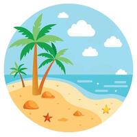 Cartoon Beach with Palm Trees, Starfish, and Gentle Waves in a Circle vector