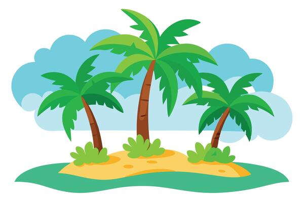 Cartoon Tropical Island with Palm Trees, Sandy Beach, and Blue Cloudy Sky