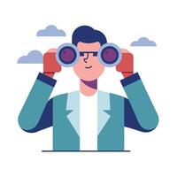 Illustration of a Man with Binoculars Wearing Glasses, Jacket, Shirt, with Clouds in the Sky vector