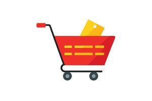 Red Shopping Cart with Yellow Tag Icon for Retail and Ecommerce Concepts vector