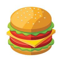 Delicious Burger Illustration with Lettuce, Tomato, and Cheese Slices on a White Background vector