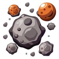 Cartoon Asteroids and Space Rocks Floating Around, Two Are Orange, Background Is Clean vector