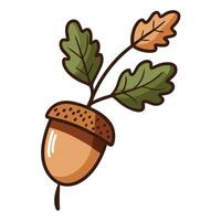 Cartoon Oak Acorn with Leaves and Brown Stem on a White Background vector