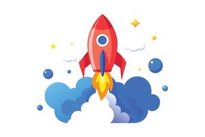 Red Rocket Ship Launching with Fire, Surrounded by Blue Clouds and Floating Shapes vector