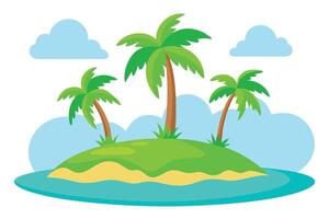 Cartoon Tropical Island with Palm Trees and Ocean Waves, Under Cloudy Sky vector