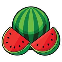 Cartoonstyle Watermelon Whole Fruit and Two Slices with Seeds Isolated on White vector