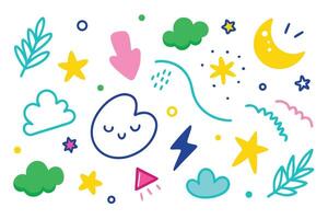 Playful Doodle Collection Featuring Clouds, Stars, Moon, Lightning, and Abstract Shapes on White vector