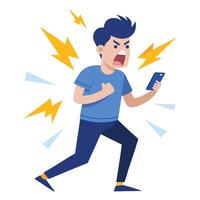Illustration of Angry Man Shouting at Phone with Lightning Bolts Around Him vector