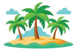 Cartoon Tropical Island Palm Trees, Sandy Beach, and Fluffy Clouds vector