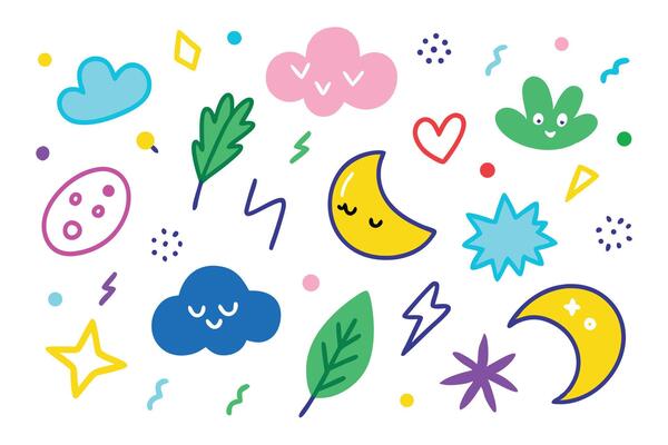 Playful Cartoon Illustration Clouds, Stars, Moons, Leaves, and Quirky Shapes on White Backdrop