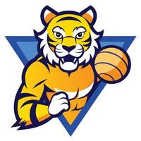 Cartoon Tiger Mascot with Basketball in Front of a Blue Triangle Symbol vector