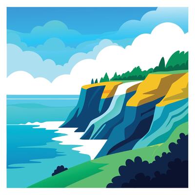Coastal Cliffs Landscape Illustration with Ocean, Green Hills, and Cloudy Blue Sky