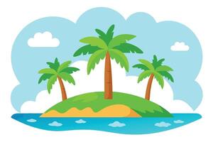 Cartoon Island with Palm Trees, Blue Sky and Clouds, Illustration vector