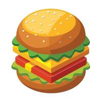 Stylized Isometric Hamburger Illustration with Lettuce, Tomato, Cheese, and Sesame Seed Bun vector