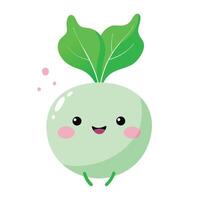 Cute Turnip Character with Leaves, Cheeks, Smile, Eyes, and Tiny Legs vector