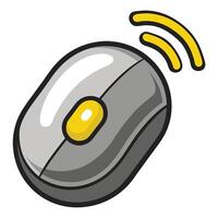 Wireless Computer Mouse Cartoon Illustration with Yellow Scroll Wheel and Signal Waves vector