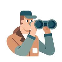 Cartoon Man With Binoculars Focusing, Observation, and Discovery Illustration on White Background vector