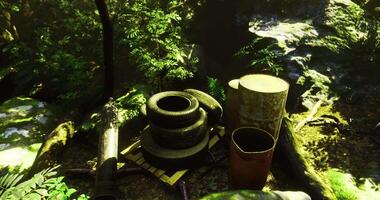 CGI Environmental pollution observed in a forest setting with discarded materials video