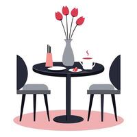 Stylized Cafe Table with Tulips, Dessert, and Steaming Coffee for Two vector