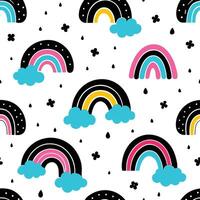 Seamless Pattern Featuring Rainbows, Clouds, Raindrops, and Flowers on a White Background vector