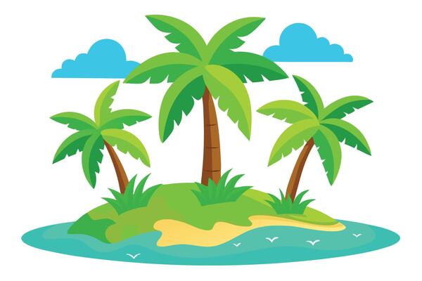 Tropical Cartoon Island with Palm Trees, Sandy Beach, Turquoise Water, and Cloudy Sky