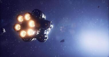 CGI Spacecraft navigating an asteroid field, stars shining in the background video